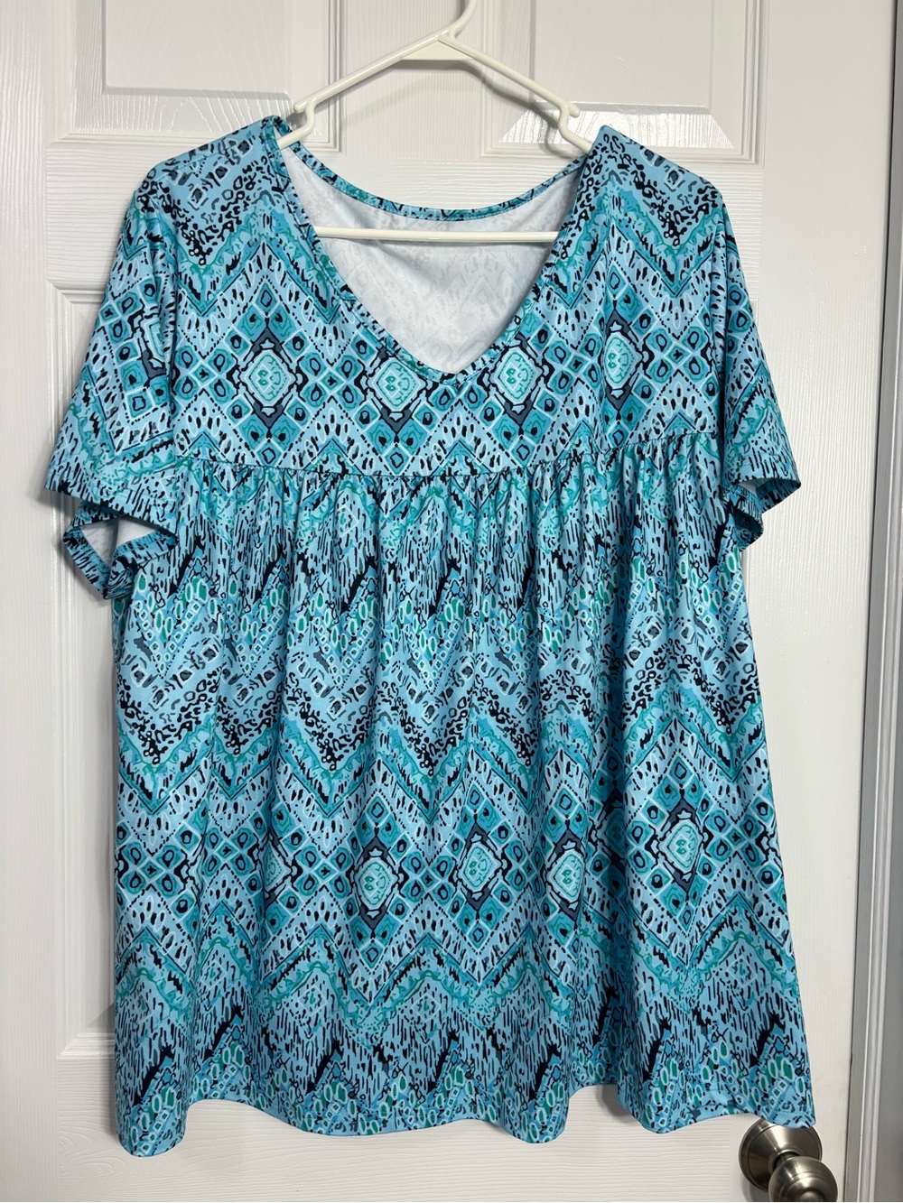 Blue Geo-Print V-Neck Women’s Top